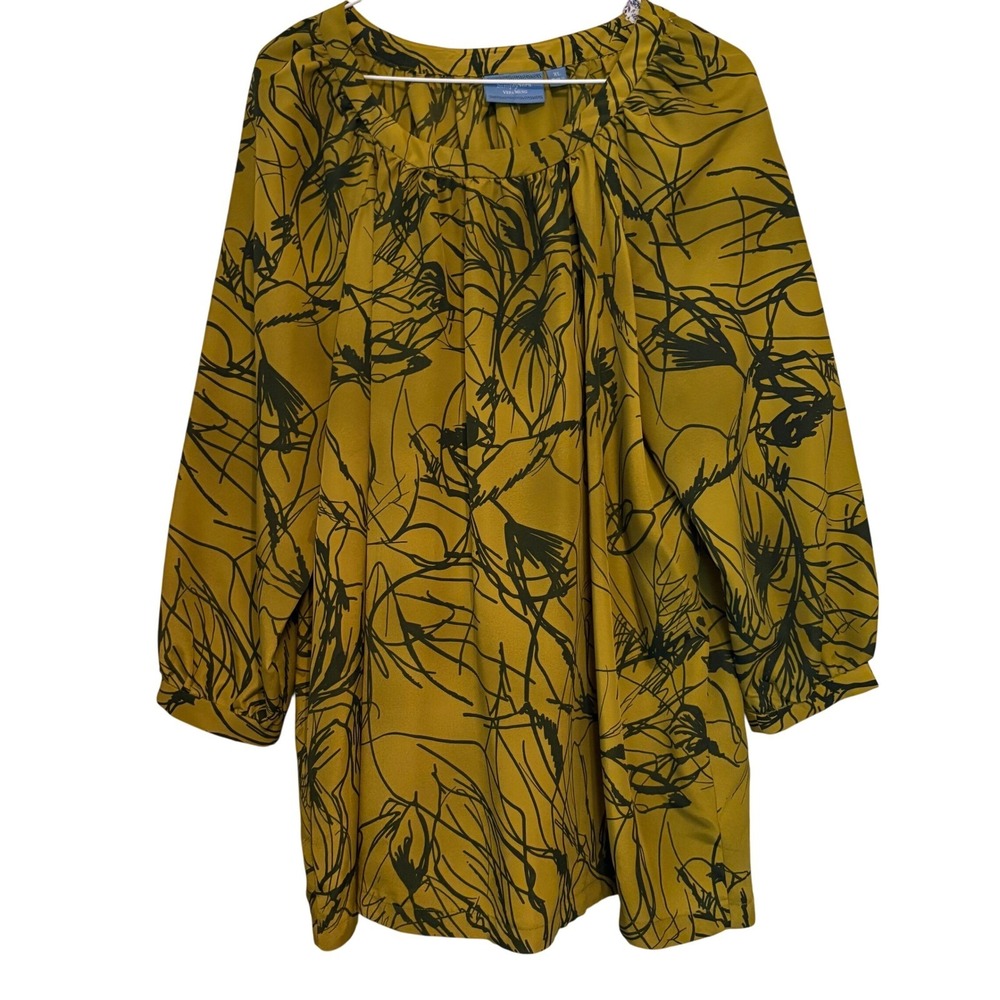 Simply Vera Wang Women's XL Yellow Floral Long Sleeve Blouse Top Artsy Fall Work